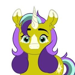 Size: 2048x2048 | Tagged: safe, artist:cupute, oc, oc only, oc:star mane, unicorn, g4, g5, :|, ear fluff, female, g4 to g5, generation leap, green eyes, horn, looking at you, poker face, purple mane, simple background, solo, stare, trace, transparent background, yellow body