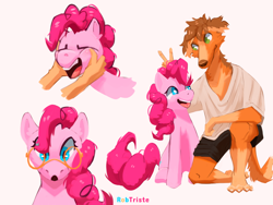 Size: 4000x3000 | Tagged: safe, artist:robtriste, pinkie pie, dog, earth pony, pony, anthro, g4, borzoi, bunny ears (gesture), cheek rub, duo, furry, glasses, happy, high res, open mouth, open smile, simple background, sitting, smiling