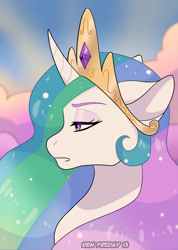 Size: 1281x1795 | Tagged: safe, artist:renfriday13, princess celestia, alicorn, pony, g4, bust, crown, female, jewelry, mare, portrait, profile, regalia, solo, unamused