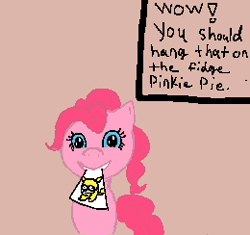 Size: 260x244 | Tagged: safe, artist:just_a_nerd, pinkie pie, earth pony, g4, colored, colored background, dialogue, digital art, happy, homerchu, pixel art