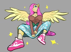 Size: 1089x796 | Tagged: safe, artist:drizzlingprince, fluttershy, pegasus, anthro, g4, big breasts, breasts, busty fluttershy, choker, cleavage, clothes, female, hair over one eye, shoes, sitting, skirt, sneakers, socks, sweater, wings