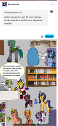 Size: 1354x2952 | Tagged: safe, artist:ask-luciavampire, oc, bat pony, earth pony, pegasus, pony, undead, unicorn, vampire, vampony, anime and manga, ask, horn, japanese snacks, multiple heads, tumblr, two heads