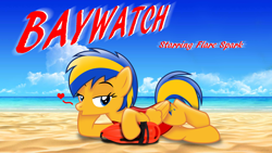 Size: 3840x2160 | Tagged: safe, artist:ejlightning007arts, oc, oc only, oc:flare spark, pegasus, pony, g4, baywatch, clothes, female, kissing, lidded eyes, lifeguard, lying down, mare, on side, one-piece swimsuit, pegasus oc, red swimsuit, solo, swimsuit, vector