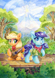 Size: 1051x1500 | Tagged: safe, artist:maytee, applejack, coloratura, earth pony, pony, g4, my little pony: friendship is magic, the mane attraction, colored pencil drawing, cute, duo, duo female, female, filly, filly applejack, filly coloratura, foal, guitar, jackabetes, musical instrument, outdoors, rarabetes, scene interpretation, singing, traditional art, younger, younger applejack, younger coloratura