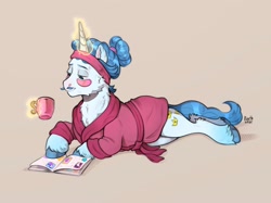 Size: 2668x1993 | Tagged: safe, artist:birdoffnorth, fancypants, pony, unicorn, g4, cup, glowing, glowing horn, hair bun, hairband, horn, lying down, magic, male, prone, solo, stallion