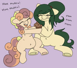 Size: 800x700 | Tagged: safe, artist:php193, oc, oc only, oc:buttermuffin, oc:myrtle remedy, earth pony, pony, belly, belly button, chubby, cute, duo, duo female, eating, female, food, herbivore, muffin, wholesome