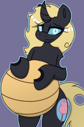 Size: 1558x2365 | Tagged: safe, artist:askhypnoswirl, oc, oc only, oc:decora, changeling, belly, big belly, changeling oc, commission, female, looking at you, pregnant, solo