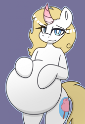 Size: 1591x2316 | Tagged: safe, artist:askhypnoswirl, oc, oc only, oc:decora, changeling, belly, big belly, changeling oc, commission, disguise, disguised changeling, eyelashes, female, looking at you, pregnant, solo