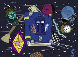 Size: 2270x1660 | Tagged: safe, artist:the skylar, book, chessboard, cowboy hat, doctor who, earth, fez, flutters, hat, horn, mop, no pony, pandorica, planet, playing card, pocket watch, space, spaceship, tardis, wings