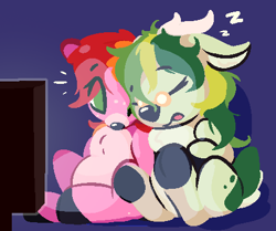 Size: 444x372 | Tagged: safe, artist:rhythmpixel, oc, oc only, oc:plume fi, oc:rhythm fruit, deer, cute, deer oc, glasses, non-pony oc, ocbetes, pixel-crisp art, sitting, sleeping, television