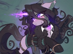 Size: 2292x1704 | Tagged: safe, artist:kirionek, pony, unicorn, belt, belt buckle, clothes, curly hair, curly mane, horn, jewelry, magic, magic aura, pendant, ponified, purple eyes, raised hoof, solo, yennefer, yennefer of vengerberg