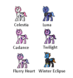 Size: 326x348 | Tagged: safe, artist:ser_merrick, princess cadance, princess celestia, princess flurry heart, princess luna, twilight sparkle, oc, oc:winter eclipse, g4, armor, clothes, digital art, greek clothes, pixel art, toga