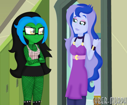 Size: 2844x2340 | Tagged: safe, artist:cyber-murph, princess luna, vice principal luna, oc, oc:lightning spirit, equestria girls, g4, canterlot high, clothes, commission, dress, fishnet clothing, fishnet stockings, gesture, glasses, lidded eyes, midriff, signature, stockings, tank top, thigh highs