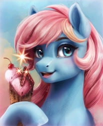 Size: 1052x1278 | Tagged: safe, artist:fantiimotaru, oc, oc only, pegasus, pony, blushing, cherry, female, food, heart, heart eyes, ice cream, ice cream cone, mare, redraw, solo, wingding eyes