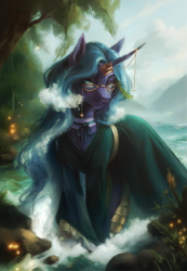 Size: 2287x3300 | Tagged: safe, artist:fantiimotaru, oc, oc only, pony, unicorn, choker, clothes, curved horn, dress, female, glasses, glasses chain, horn, horn jewelry, jewelry, mare, solo, water