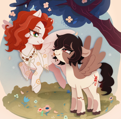 Size: 980x969 | Tagged: safe, artist:fantiimotaru, oc, oc only, oc:silver lance, oc:sunflower seeds, pegasus, pony, clothes, duo, female, flying, freckles, jewelry, lesbian, looking at each other, looking at someone, mare, necklace, oc x oc, shipping, spread wings, tree, wings