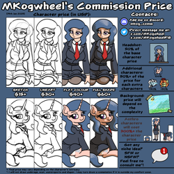 Size: 6050x6050 | Tagged: safe, artist:mkogwheel, oc, oc:cans churner, oc:crow mellow, oc:zeal lanatus, human, pony, advertisement, business suit, businessmare, clothes, commission info, human ponidox, humanized, humanized oc, self paradox, self ponidox