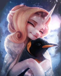 Size: 1154x1435 | Tagged: safe, artist:fantiimotaru, oc, oc only, bird, penguin, pony, unicorn, cloak, clothes, curved horn, horn, hug, snow, snowfall, solo