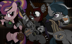 Size: 1280x776 | Tagged: safe, artist:shizow, oc, oc only, alicorn, bat pony, pony, unicorn, deviantart watermark, female, horn, mare, mask, obtrusive watermark, pipbuck, watermark, weapon