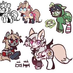 Size: 1242x1242 | Tagged: safe, artist:doris93hnt, oc, oc only, oc:annytf, oc:evil neuro, oc:neuro-sama, oc:vedal, bat pony, earth pony, fox, turtle, unicorn, band-aid, bow, clothes, computer, ear fluff, female, horn, laptop computer, male, mare, neuro-sama, socks, stallion, sweater