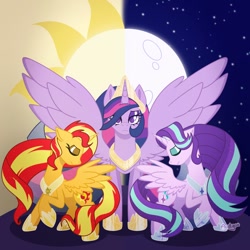 Size: 1000x1000 | Tagged: safe, artist:acidigon, starlight glimmer, sunset shimmer, twilight sparkle, alicorn, pony, g4, alicornified, jewelry, race swap, regalia, shimmercorn, starlicorn, trio, twilight sparkle (alicorn)