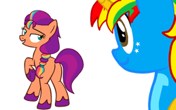 Size: 1280x806 | Tagged: safe, artist:shieldwingarmorofgod, sunny starscout, oc, oc:shield wing, alicorn, earth pony, pony, g4, g5, butt, canon x oc, female, g5 to g4, generation leap, male, mane stripe sunny, plot, shipping, simple background, straight, sultry pose, transparent background, vector