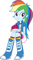 Size: 2769x5000 | Tagged: safe, artist:octosquish7260, rainbow dash, human, equestria girls, g4, boots, cheek bulge, clothes, compression shorts, cupcake, eating, female, food, holding, jacket, looking at you, plate, rainbow socks, shirt, shoes, simple background, sitting, skirt, socks, solo, striped socks, teenager, transparent background, wristband