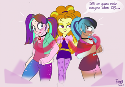 Size: 2303x1600 | Tagged: safe, artist:foxxy-arts, adagio dazzle, aria blaze, sonata dusk, human, equestria girls, g4, female, gem, magic, siren gem, speech bubble, surprised, the dazzlings, transformation, trio