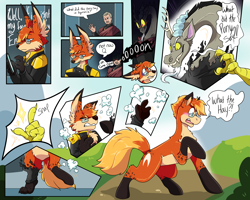 Size: 3219x2575 | Tagged: safe, artist:warlockmaru, discord, oc, draconequus, fox, fox pony, human, hybrid, pony, g4, comic, dialogue, finger snap, furry, furry to pony, glasses, high res, q, reality shift, speech bubble, star trek, star trek: picard, transformation