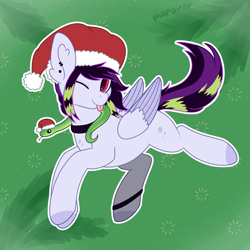 Size: 1500x1500 | Tagged: safe, artist:maravor, oc, oc:electro zapp, pegasus, pony, snake, christmas, female, hat, holiday, mare, santa hat, solo, tongue out