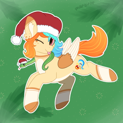 Size: 1500x1500 | Tagged: safe, artist:maravor, oc, oc only, oc:caprisun fishes, pegasus, pony, snake, ;p, christmas, commission, female, hat, holiday, mare, one eye closed, santa hat, solo, tongue out, wings, ych result