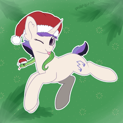 Size: 1500x1500 | Tagged: safe, artist:maravor, oc, oc only, oc:dusk weather, pony, snake, unicorn, ;p, christmas, commission, female, hat, holiday, horn, mare, one eye closed, santa hat, solo, tongue out, ych result