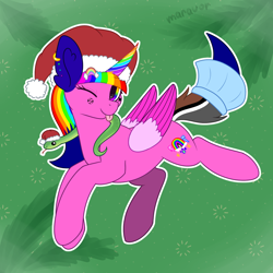 Size: 1500x1500 | Tagged: safe, artist:maravor, oc, oc only, oc:rainbow sparkle, alicorn, pony, snake, ;p, alicorn oc, christmas, commission, female, hat, holiday, horn, mare, one eye closed, santa hat, solo, tongue out, wings, ych result