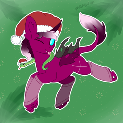 Size: 1500x1500 | Tagged: safe, artist:maravor, oc, oc only, oc:ryn, changeling, snake, ;p, changeling oc, christmas, clothes, commission, female, hat, holiday, leg warmers, leonine tail, one eye closed, santa hat, solo, tail, tongue out, ych result