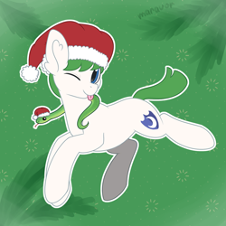 Size: 1500x1500 | Tagged: safe, artist:maravor, oc, oc only, earth pony, pony, snake, christmas, commission, hat, holiday, male, santa hat, solo, stallion, tongue out, ych result