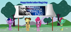 Size: 3843x1756 | Tagged: safe, artist:lizzmcclin, applejack, pinkie pie, twilight sparkle, alicorn, earth pony, pony, g4, martin luther king, mlk day, outdoors, twilight sparkle (alicorn)