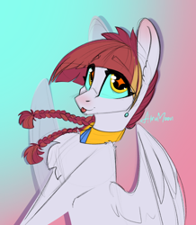 Size: 1242x1425 | Tagged: safe, artist:alrumoon_art, oc, oc only, oc:luminarie, pegasus, braid, chest fluff, colored pupils, colored sclera, colored sketch, gradient background, looking up, pegasus oc, peytral, sketch, solo, tongue out