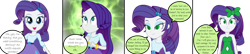 Size: 1280x278 | Tagged: safe, rarity, human, equestria girls, g4, alternate eye color, bow, butterfly bow, clothes, comic, cute, dress, eyeshadow, female, glowing, hair bow, hypnority, hypnosis, hypnotized, lidded eyes, makeup, master, offscreen character, open mouth, open smile, raribetes, smiling