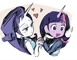 Size: 1186x924 | Tagged: safe, artist:zerdasher, rarity, twilight sparkle, human, equestria girls, g4, bedroom eyes, blushing, bracelet, clothes, cute, dress, duo, duo female, ear piercing, earring, eyeshadow, female, hand on chin, holding hands, horn, horned humanization, humanized, jewelry, lesbian, makeup, necklace, open mouth, piercing, raribetes, ship:rarilight, shipping, shirt, simple background, twiabetes, vest, white background