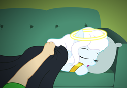 Size: 2744x1914 | Tagged: safe, artist:badumsquish, derpibooru exclusive, oc, oc:zophiel, angel, angel pony, original species, bangles, blanket, couch, eyes closed, female, floating wings, folded wings, glowing, gold, halo, hand, human pov, long mane, lying down, mare, offscreen character, open mouth, pillow, pov, prone, show accurate, sleeping, snoring, solo, sploot, tucking in, wings