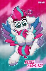 Size: 2650x4096 | Tagged: safe, artist:sol-r, zipp storm, pegasus, pony, g5, abstract background, biting, cute, female, heart, looking at you, mare, solo, tail, tail bite