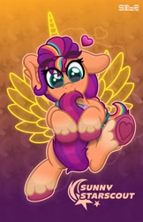 Size: 2650x4096 | Tagged: safe, artist:sol-r, sunny starscout, alicorn, earth pony, pony, g5, abstract background, biting, cute, female, heart, looking at you, mane stripe sunny, mare, race swap, solo, sunnycorn, tail, tail bite