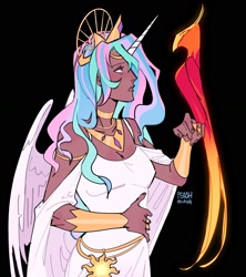 Size: 1897x2141 | Tagged: safe, artist:peachmichea, philomena, princess celestia, human, phoenix, g4, black background, bracer, breasts, choker, cleavage, clothes, dark skin, dress, female, horn, horned humanization, humanized, jewelry, regalia, simple background, solo, winged humanization, wings