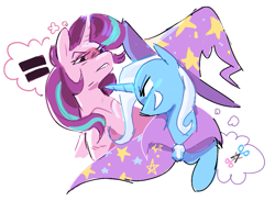 Size: 801x585 | Tagged: safe, artist:syrupyyy, starlight glimmer, trixie, pony, unicorn, g4, bust, duo, duo female, equal sign, female, furrowed brow, grin, horn, implied sex, implied tribadism, lesbian, mare, pun, scissors, sex, ship:startrix, shipping, simple background, smiling, thought bubble, visual pun, white background