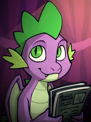 Size: 1040x1400 | Tagged: safe, artist:bunnyshrubby, spike, oc, oc only, oc:spike, dragon, equestria at war mod, g4, my little pony: friendship is magic, book, bust, digital art, fangs, green eyes, holding a book, indoors, looking at you, looking right, male, new characters for equestria at war, new characters for equestria at war mod, portrait, smiling, smiling at you, solo, updated portrait, updated portraits, updated portraits from the equestria at war mod, wings