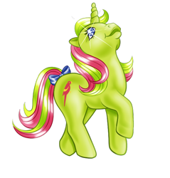 Size: 628x658 | Tagged: safe, artist:splooto, mimic (g1), pony, twinkle eyed pony, unicorn, g1, bow, female, horn, looking up, open mouth, open smile, raised hoof, simple background, smiling, solo, tail, tail bow, transparent background, vector