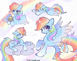 Size: 2048x1638 | Tagged: safe, artist:petaltwinkle, rainbow dash, pegasus, pony, g4, :p, burger, coat markings, colored, eyebrows, eyebrows visible through hair, female, folded wings, food, imminent consumption, licking, licking lips, long tail, mare, socks (coat markings), solo, spread wings, tail, tongue out, wings