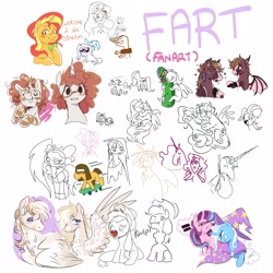 Size: 2500x2500 | Tagged: safe, artist:pink lemonade, artist:syrupyyy, applejack, fluttershy, rainbow dash, starlight glimmer, sunset shimmer, trixie, oc, bat pony, earth pony, pegasus, pony, unicorn, g4, apple, art dump, bat pony oc, blood, bust, collaboration, crying, eating, equal sign, fangs, female, food, freckles, furrowed brow, glasses, grin, hand, horn, hug, implied sex, implied tribadism, lady amalthea, lesbian, mare, pickle rick, pun, scissors, ship:flutterdash, ship:startrix, shipping, simple background, skateboard, smiling, spread wings, square glasses, that pony sure does love apples, the last unicorn, thought bubble, visual pun, white background, wings