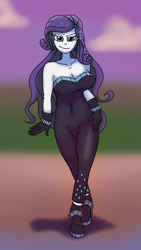 Size: 1080x1920 | Tagged: safe, artist:listartco, rarity, human, equestria girls, g4, my little pony equestria girls: better together, the other side, ankle boots, bare shoulders, beautiful, bodysuit, boots, bracelet, breasts, cleavage, clothes, female, gloves, high heel boots, jewelry, lidded eyes, looking at you, shoes, sleeveless, solo, strapless, unitard