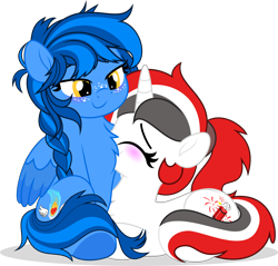 Size: 5232x5000 | Tagged: safe, artist:jhayarr23, oc, oc:red rocket, pegasus, pony, unicorn, blushing, chest fluff, commission, cutie mark, duo, duo female, eyes closed, female, freckles, horn, lying down, mare, pegasus oc, ponyloaf, ponytail, prone, sitting, smiling, unicorn oc, ych result